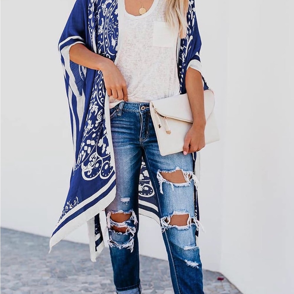 NWT Beach Cover up Swimsuit Kimono Bohemian Floral Print Loose Resort Wear OS